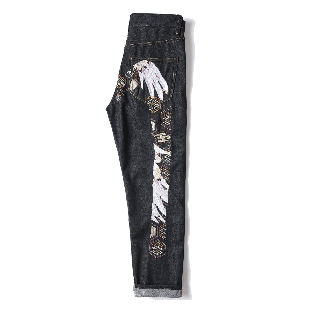 EVISU KURO Tsuru Crane Feather & Kikko Gold Geometric Embroidery Jeans Slim Straight Black Raw Selvedge
