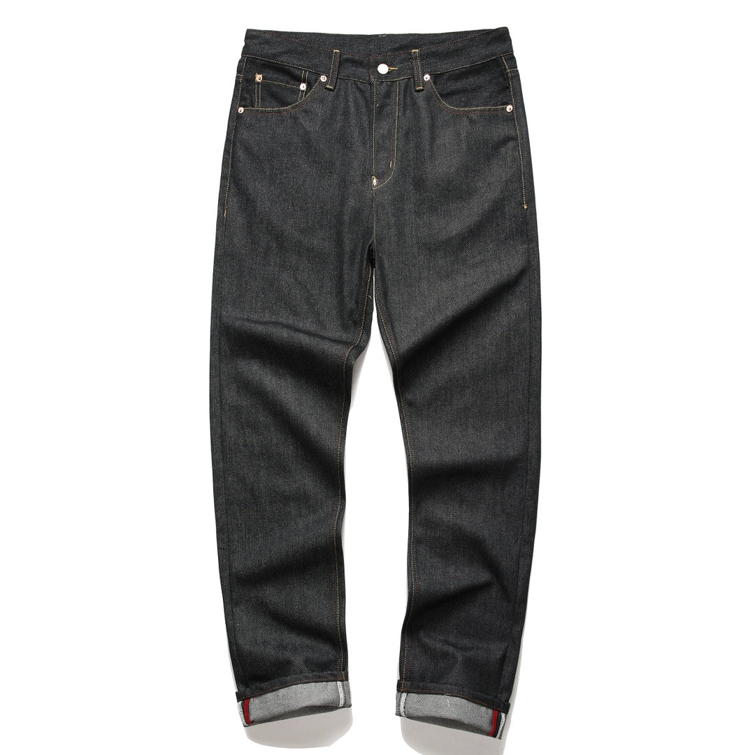 EVISU KURO Tsuru Crane Feather & Kikko Gold Geometric Embroidery Jeans Slim Straight Black Raw Selvedge