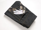 EVISU KURO Tsuru Crane Feather & Kikko Gold Geometric Embroidery Jeans Slim Straight Black Raw Selvedge