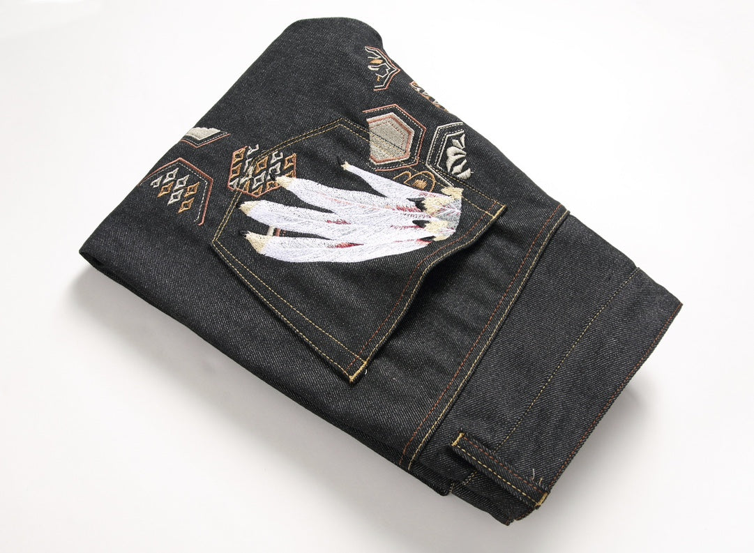 EVISU KURO Tsuru Crane Feather & Kikko Gold Geometric Embroidery Jeans Slim Straight Black Raw Selvedge