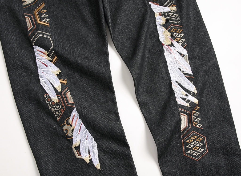 EVISU KURO Tsuru Crane Feather & Kikko Gold Geometric Embroidery Jeans Slim Straight Black Raw Selvedge