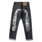 EVISU KURO Daicock Steampunk Mechanical Gear Print Appliqué Panel Jeans Wide Fit Raw Selvedge Dark Grey