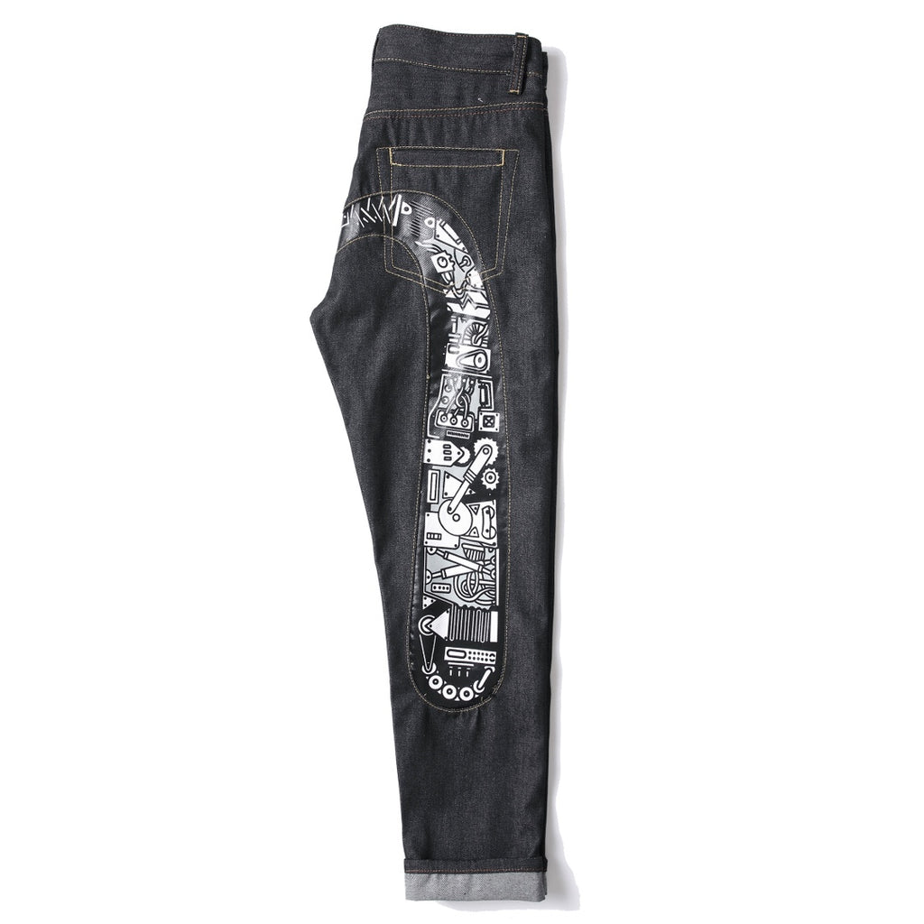 EVISU KURO Daicock Steampunk Mechanical Gear Print Appliqué Panel Jeans Wide Fit Raw Selvedge Dark Grey