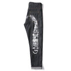 EVISU KURO Daicock Steampunk Mechanical Gear Print Appliqué Panel Jeans Wide Fit Raw Selvedge Dark Grey