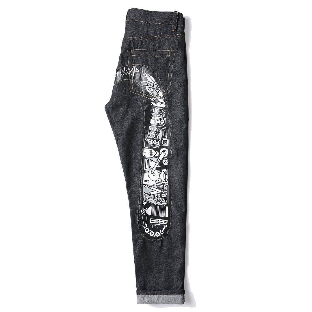 EVISU KURO Daicock Steampunk Mechanical Gear Print Appliqué Panel Jeans Wide Fit Raw Selvedge Dark Grey