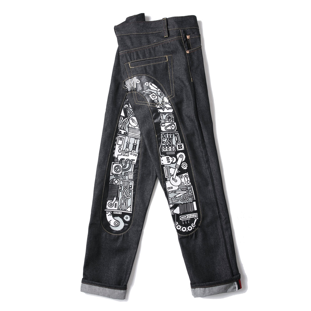 EVISU KURO Daicock Steampunk Mechanical Gear Print Appliqué Panel Jeans Wide Fit Raw Selvedge Dark Grey