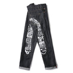 EVISU KURO Daicock Steampunk Mechanical Gear Print Appliqué Panel Jeans Wide Fit Raw Selvedge Dark Grey