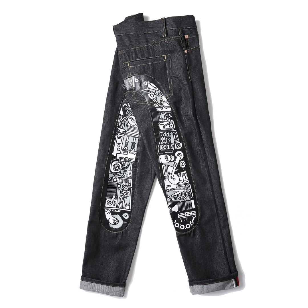 EVISU KURO Daicock Steampunk Mechanical Gear Print Appliqué Panel Jeans Wide Fit Raw Selvedge Dark Grey