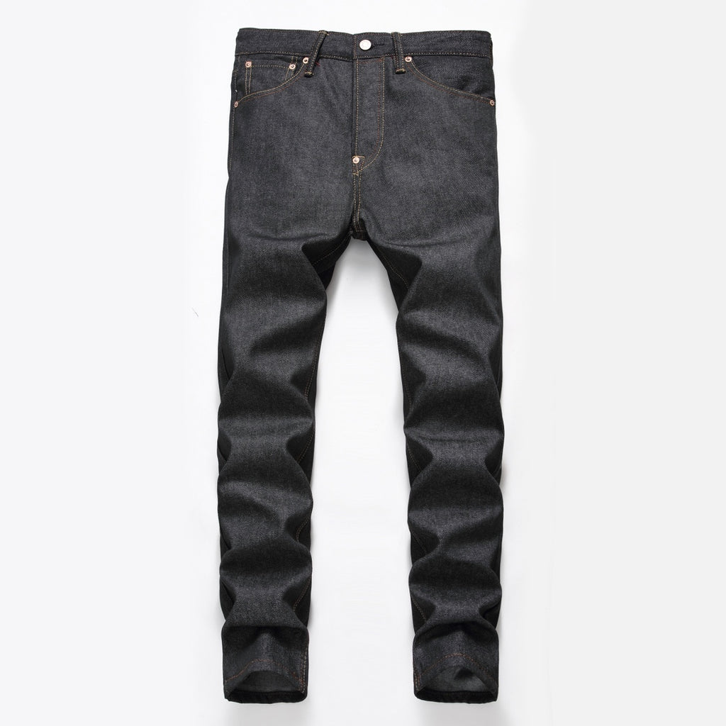 EVISU KURO Daicock Steampunk Mechanical Gear Print Appliqué Panel Jeans Wide Fit Raw Selvedge Dark Grey
