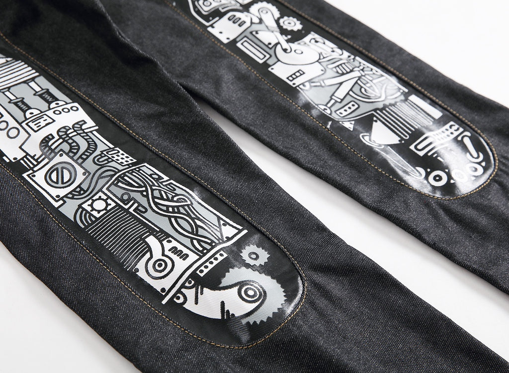 EVISU KURO Daicock Steampunk Mechanical Gear Print Appliqué Panel Jeans Wide Fit Raw Selvedge Dark Grey