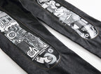 EVISU KURO Daicock Steampunk Mechanical Gear Print Appliqué Panel Jeans Wide Fit Raw Selvedge Dark Grey
