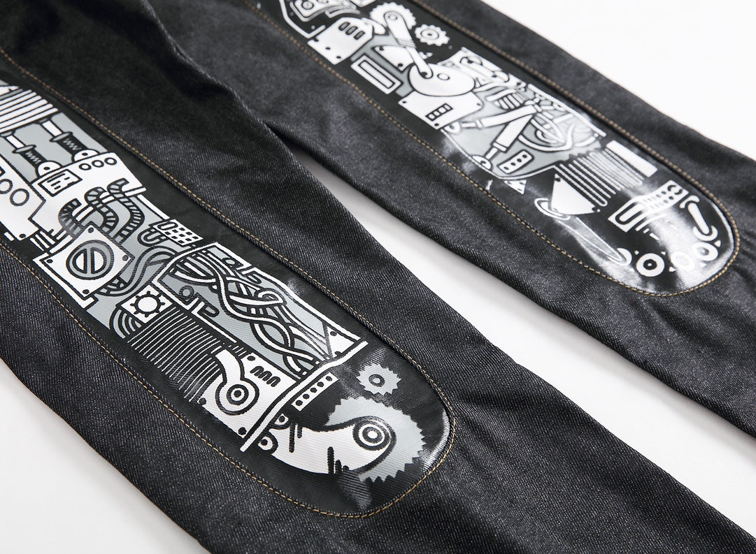 EVISU KURO Daicock Steampunk Mechanical Gear Print Appliqué Panel Jeans Wide Fit Raw Selvedge Dark Grey