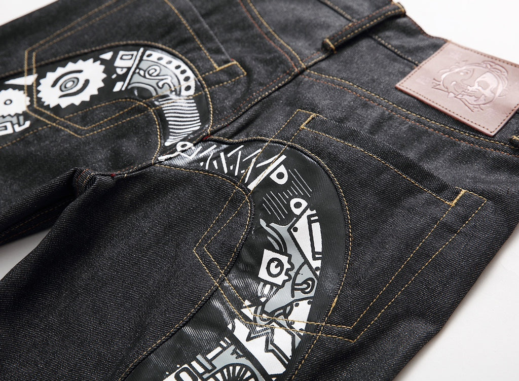 EVISU KURO Daicock Steampunk Mechanical Gear Print Appliqué Panel Jeans Wide Fit Raw Selvedge Dark Grey