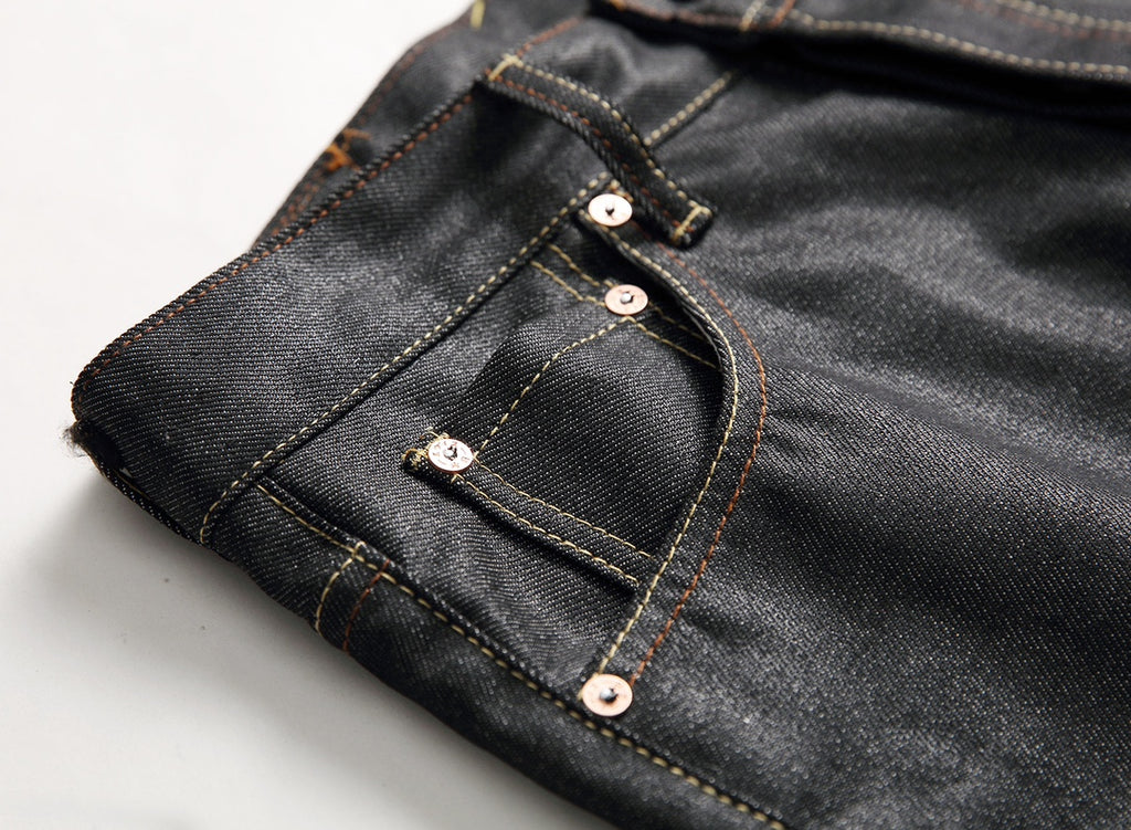 EVISU KURO Daicock Steampunk Mechanical Gear Print Appliqué Panel Jeans Wide Fit Raw Selvedge Dark Grey