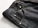 EVISU KURO Daicock Steampunk Mechanical Gear Print Appliqué Panel Jeans Wide Fit Raw Selvedge Dark Grey