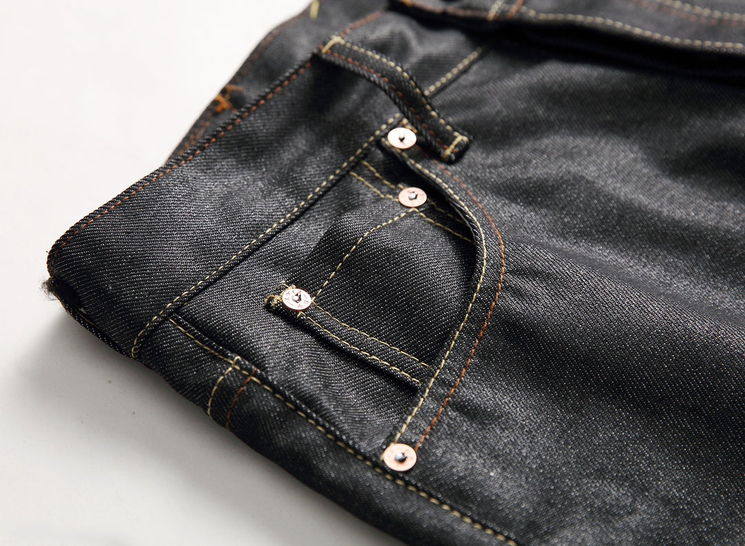 EVISU KURO Daicock Steampunk Mechanical Gear Print Appliqué Panel Jeans Wide Fit Raw Selvedge Dark Grey