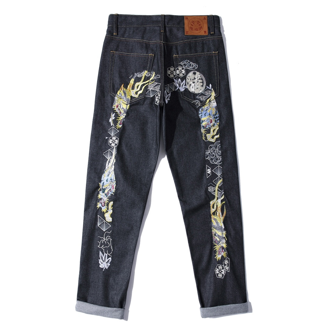 EVISU KURO Dual Dragon Kamon Sensu Multi-Element Embroidery Jeans Slim Straight Black Raw Selvedge