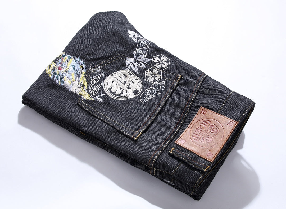 EVISU KURO Dual Dragon Kamon Sensu Multi-Element Embroidery Jeans Slim Straight Black Raw Selvedge