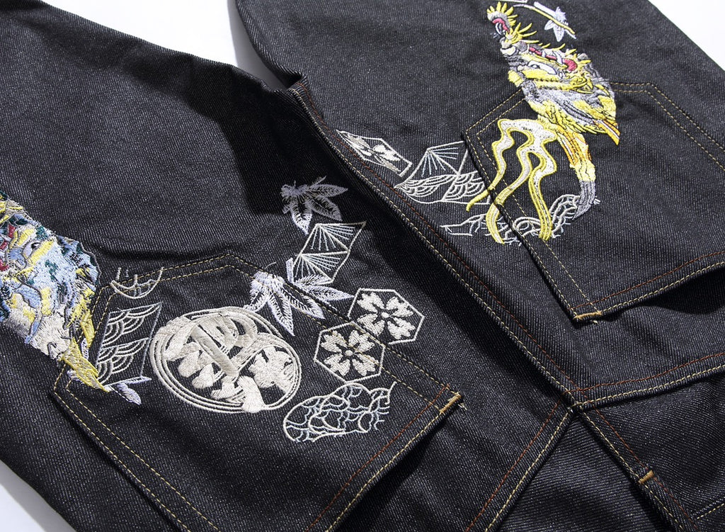 EVISU KURO Dual Dragon Kamon Sensu Multi-Element Embroidery Jeans Slim Straight Black Raw Selvedge