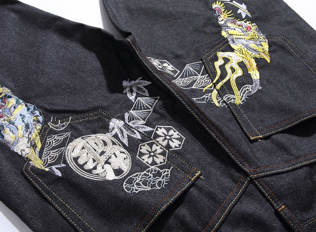 EVISU KURO Dual Dragon Kamon Sensu Multi-Element Embroidery Jeans Slim Straight Black Raw Selvedge