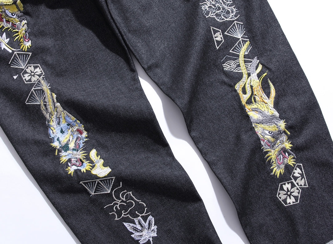 EVISU KURO Dual Dragon Kamon Sensu Multi-Element Embroidery Jeans Slim Straight Black Raw Selvedge