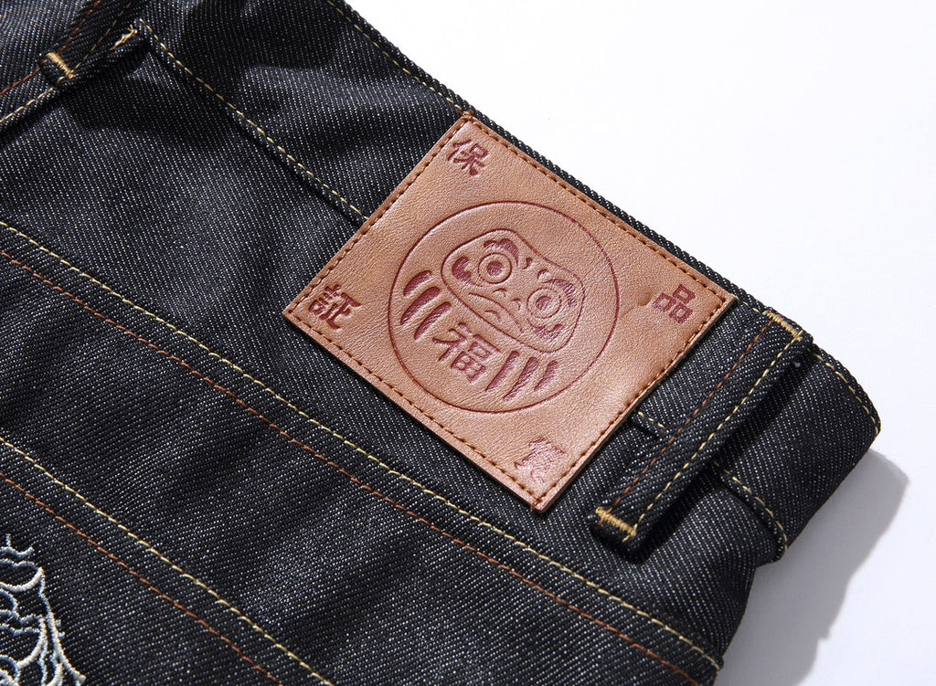 EVISU KURO Dual Dragon Kamon Sensu Multi-Element Embroidery Jeans Slim Straight Black Raw Selvedge
