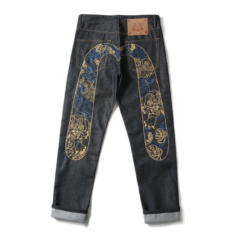 EVISU KURO Daicock Shishi Foo Dog Cloud Koban Gold Blue Embroidery Jeans Wide Fit Black Raw Selvedge