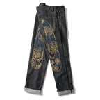 EVISU KURO Daicock Shishi Foo Dog Cloud Koban Gold Blue Embroidery Jeans Wide Fit Black Raw Selvedge