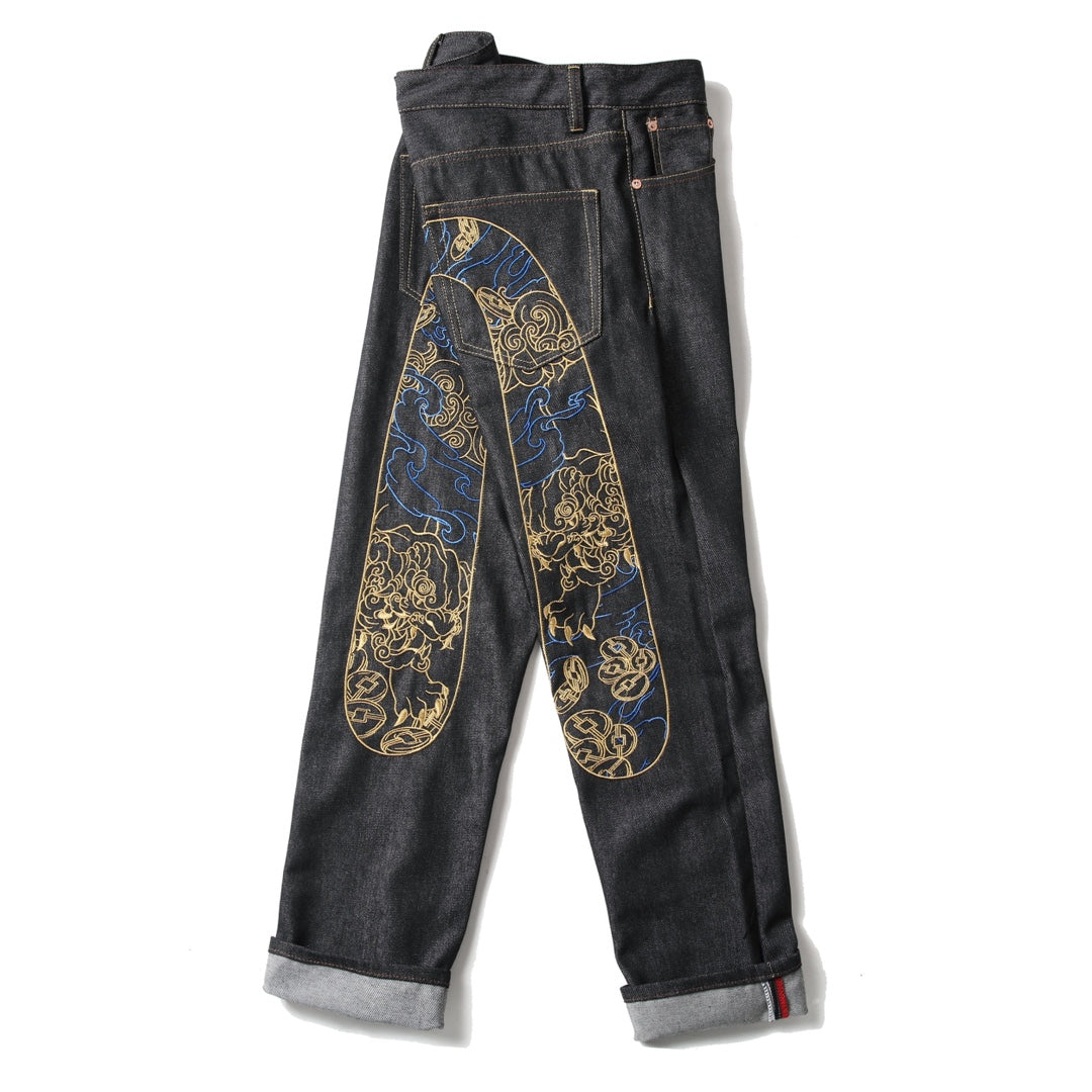 EVISU KURO Daicock Shishi Foo Dog Cloud Koban Gold Blue Embroidery Jeans Wide Fit Black Raw Selvedge