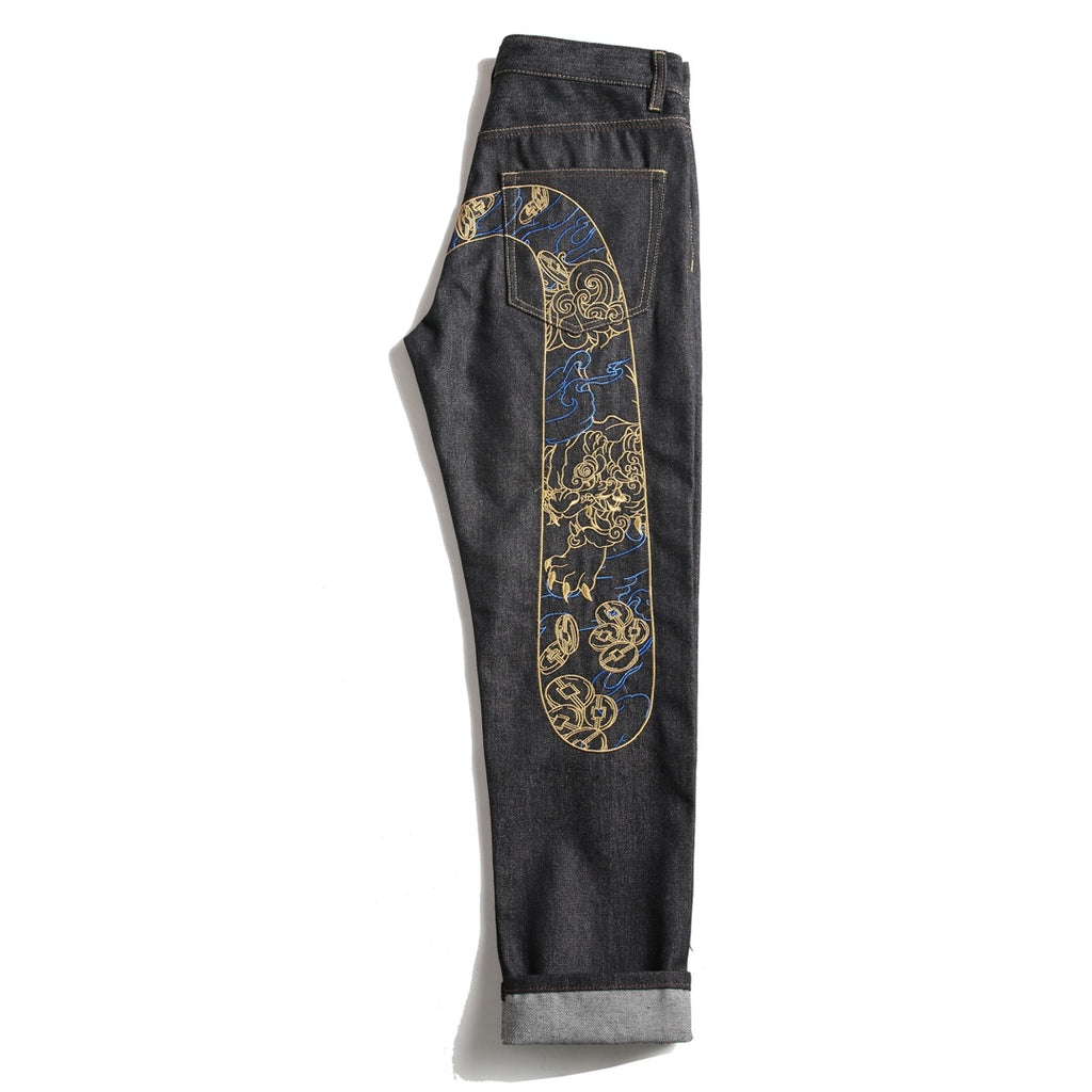 EVISU KURO Daicock Shishi Foo Dog Cloud Koban Gold Blue Embroidery Jeans Wide Fit Black Raw Selvedge