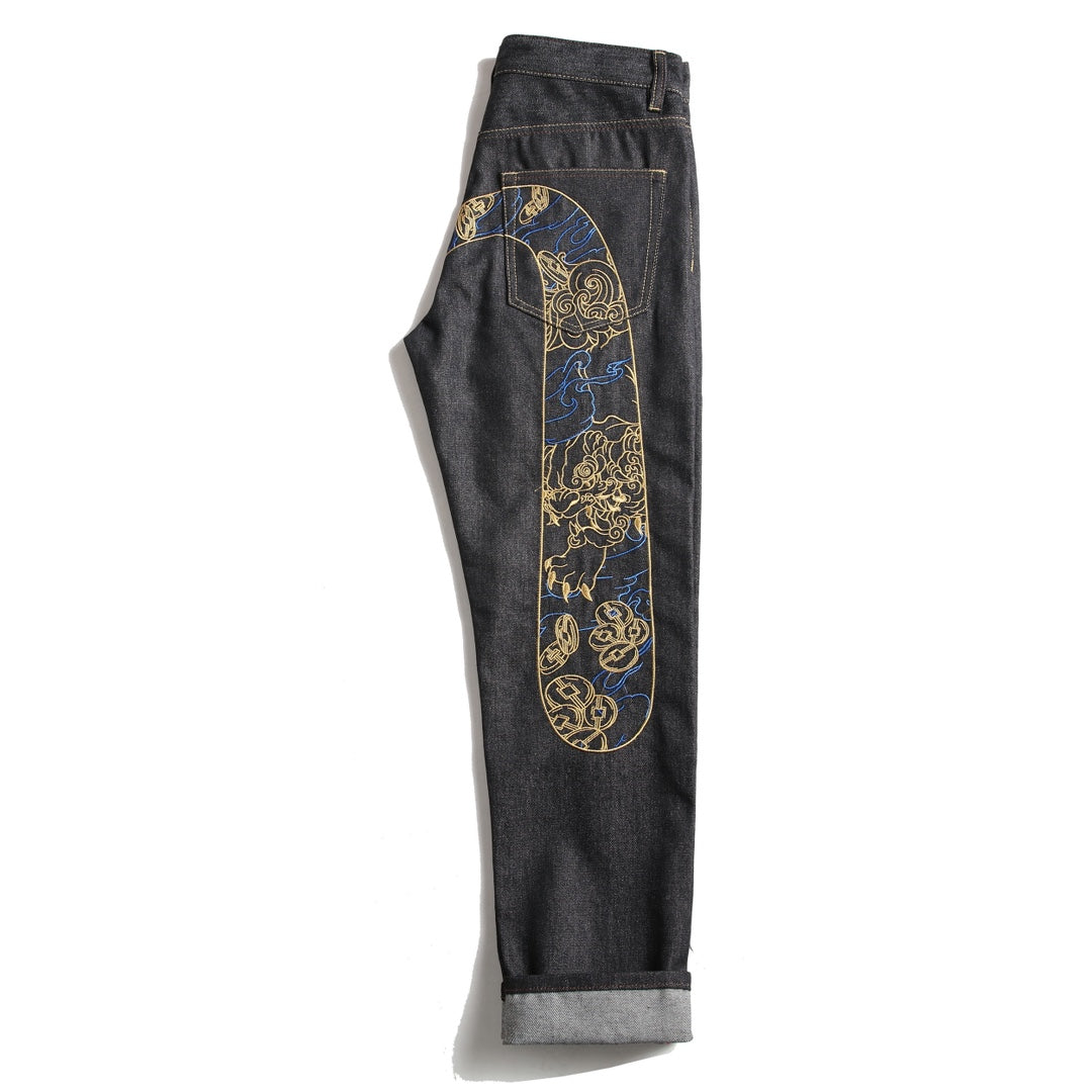 EVISU KURO Daicock Shishi Foo Dog Cloud Koban Gold Blue Embroidery Jeans Wide Fit Black Raw Selvedge