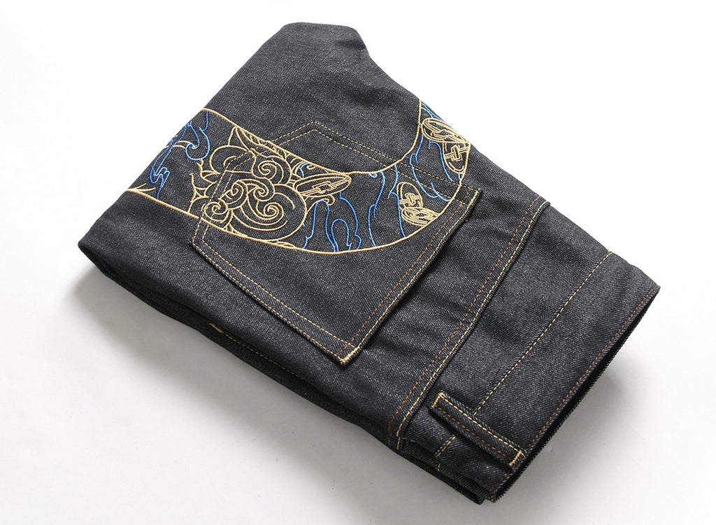 EVISU KURO Daicock Shishi Foo Dog Cloud Koban Gold Blue Embroidery Jeans Wide Fit Black Raw Selvedge