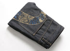 EVISU KURO Daicock Shishi Foo Dog Cloud Koban Gold Blue Embroidery Jeans Wide Fit Black Raw Selvedge