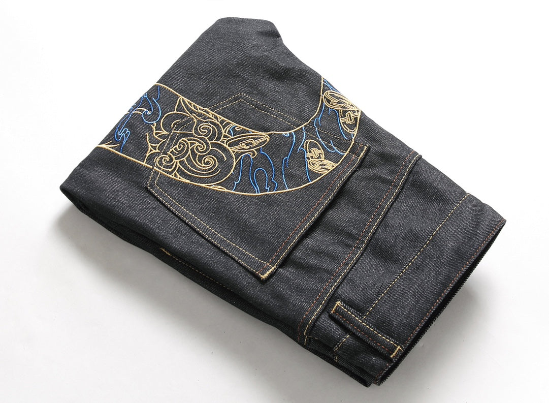 EVISU KURO Daicock Shishi Foo Dog Cloud Koban Gold Blue Embroidery Jeans Wide Fit Black Raw Selvedge