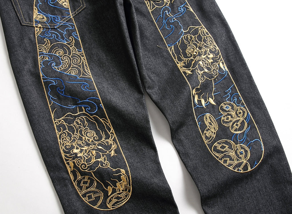 EVISU KURO Daicock Shishi Foo Dog Cloud Koban Gold Blue Embroidery Jeans Wide Fit Black Raw Selvedge