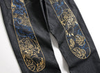 EVISU KURO Daicock Shishi Foo Dog Cloud Koban Gold Blue Embroidery Jeans Wide Fit Black Raw Selvedge