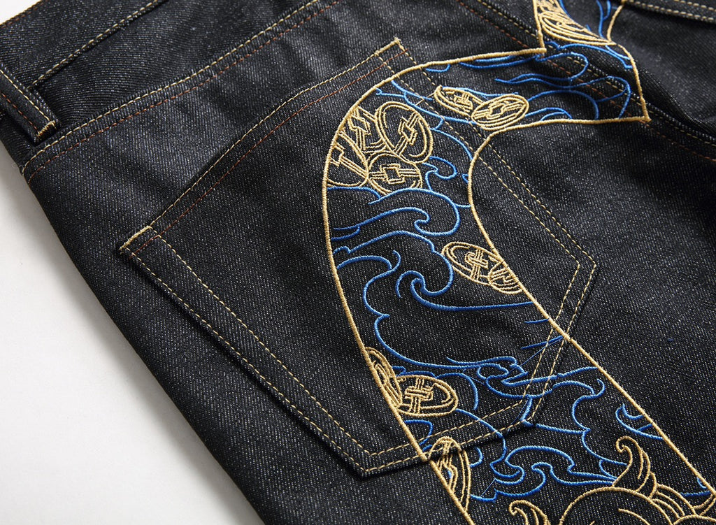 EVISU KURO Daicock Shishi Foo Dog Cloud Koban Gold Blue Embroidery Jeans Wide Fit Black Raw Selvedge