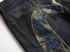 EVISU KURO Daicock Shishi Foo Dog Cloud Koban Gold Blue Embroidery Jeans Wide Fit Black Raw Selvedge