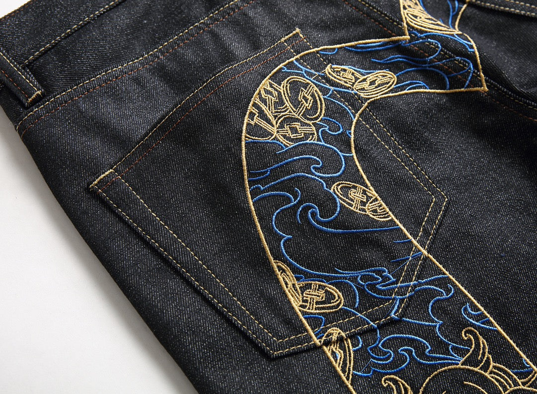 EVISU KURO Daicock Shishi Foo Dog Cloud Koban Gold Blue Embroidery Jeans Wide Fit Black Raw Selvedge