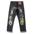 EVISU KURO Daicock Tiger & Shishi Irezumi Full-Color Print Appliqué Panel Jeans Wide Fit Black Raw Selvedge