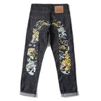 EVISU KURO Daicock Tiger & Shishi Irezumi Full-Color Print Appliqué Panel Jeans Wide Fit Black Raw Selvedge