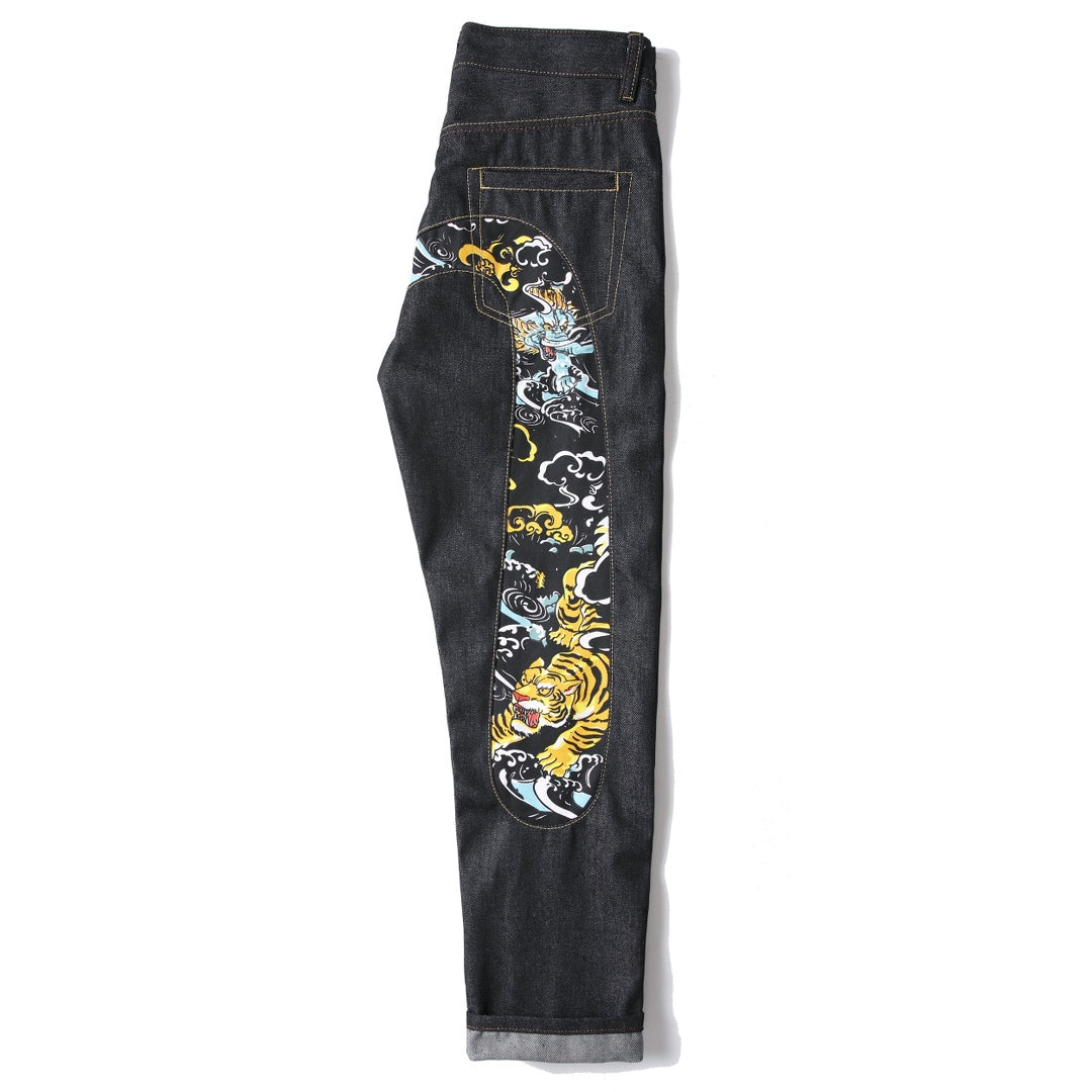 EVISU KURO Daicock Tiger & Shishi Irezumi Full-Color Print Appliqué Panel Jeans Wide Fit Black Raw Selvedge