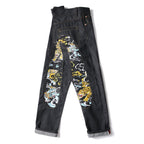 EVISU KURO Daicock Tiger & Shishi Irezumi Full-Color Print Appliqué Panel Jeans Wide Fit Black Raw Selvedge