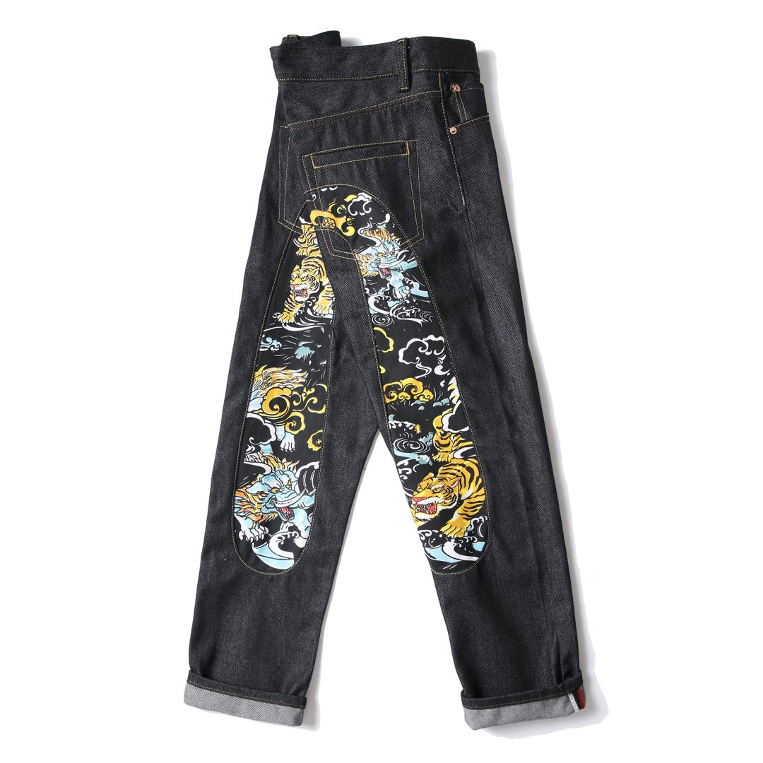 EVISU KURO Daicock Tiger & Shishi Irezumi Full-Color Print Appliqué Panel Jeans Wide Fit Black Raw Selvedge