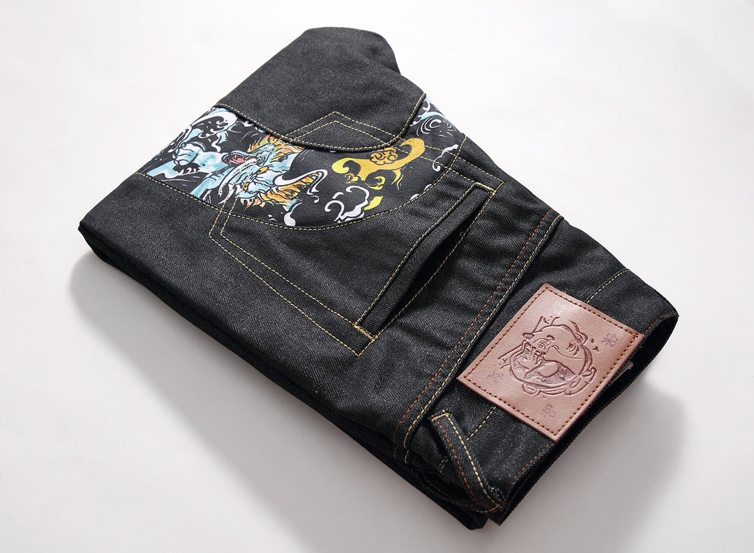 EVISU KURO Daicock Tiger & Shishi Irezumi Full-Color Print Appliqué Panel Jeans Wide Fit Black Raw Selvedge