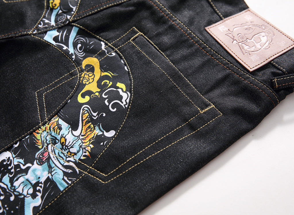 EVISU KURO Daicock Tiger & Shishi Irezumi Full-Color Print Appliqué Panel Jeans Wide Fit Black Raw Selvedge