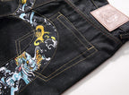 EVISU KURO Daicock Tiger & Shishi Irezumi Full-Color Print Appliqué Panel Jeans Wide Fit Black Raw Selvedge