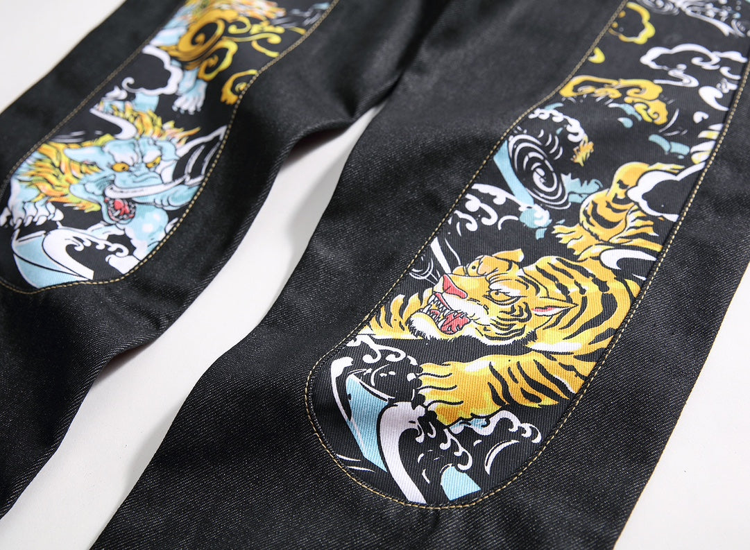 EVISU KURO Daicock Tiger & Shishi Irezumi Full-Color Print Appliqué Panel Jeans Wide Fit Black Raw Selvedge