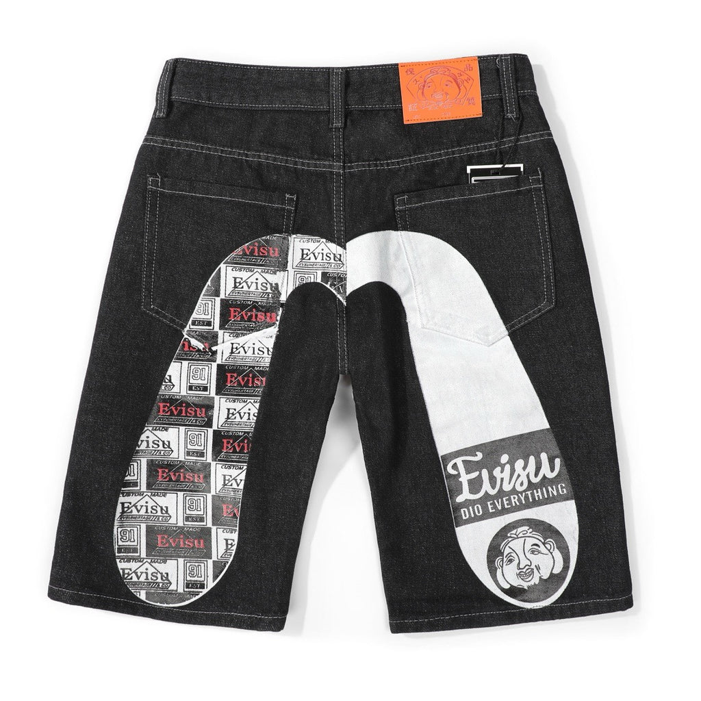 EVISU KURO Daicock Allover Logo Print & Ebisu God Appliqué Panel Denim Shorts Relaxed Fit Black
