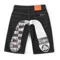 EVISU KURO Daicock Allover Logo Print & Ebisu God Appliqué Panel Denim Shorts Relaxed Fit Black